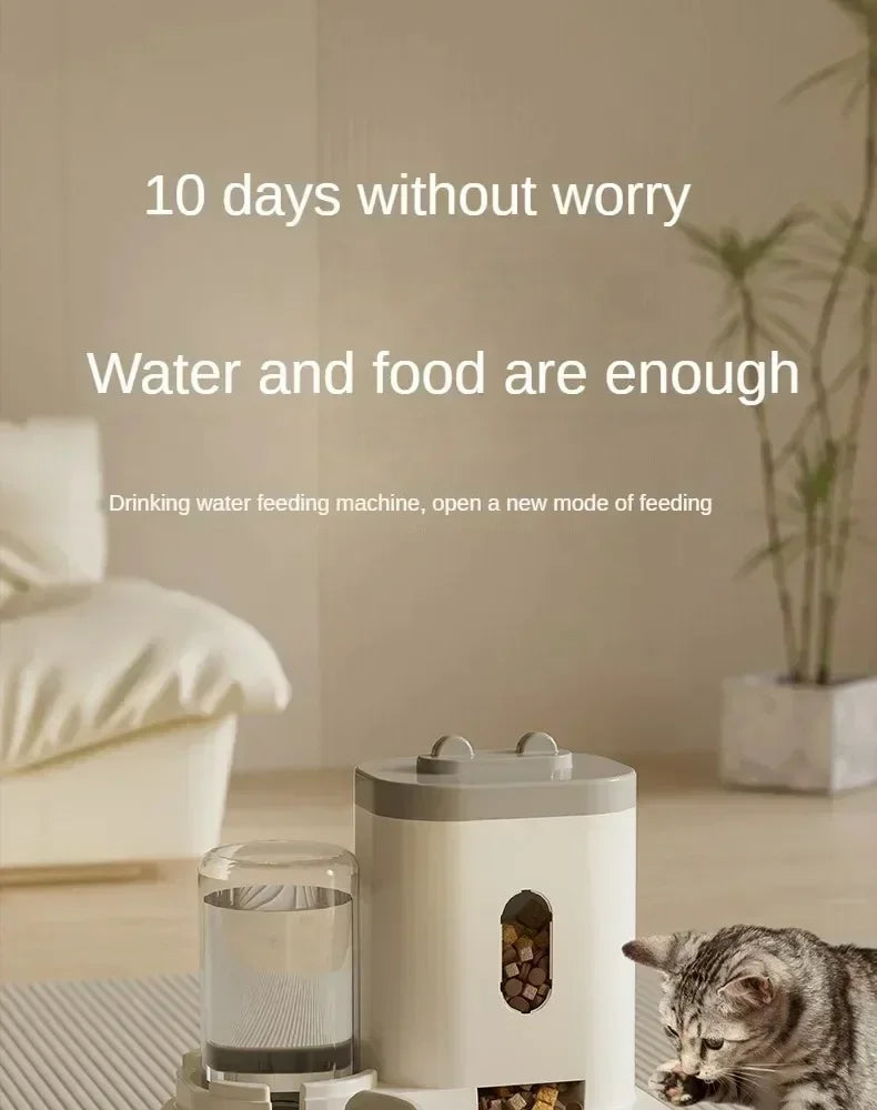 Automatic pet feeder with water fountain by MC THE BLACK DIAMOND, featuring a food bowl and water dispenser for pets.
