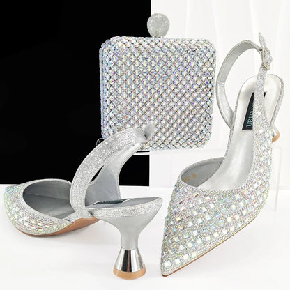 MC THE BLACK DIAMOND doershow charming heels and matching bag set for women, perfect for party and wedding occasions.