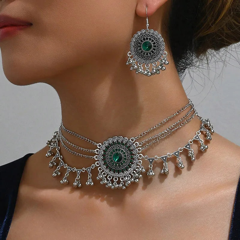 MC THE BLACK DIAMOND rhinestone jewelry set with multilayer tassel necklace and matching earrings for women.