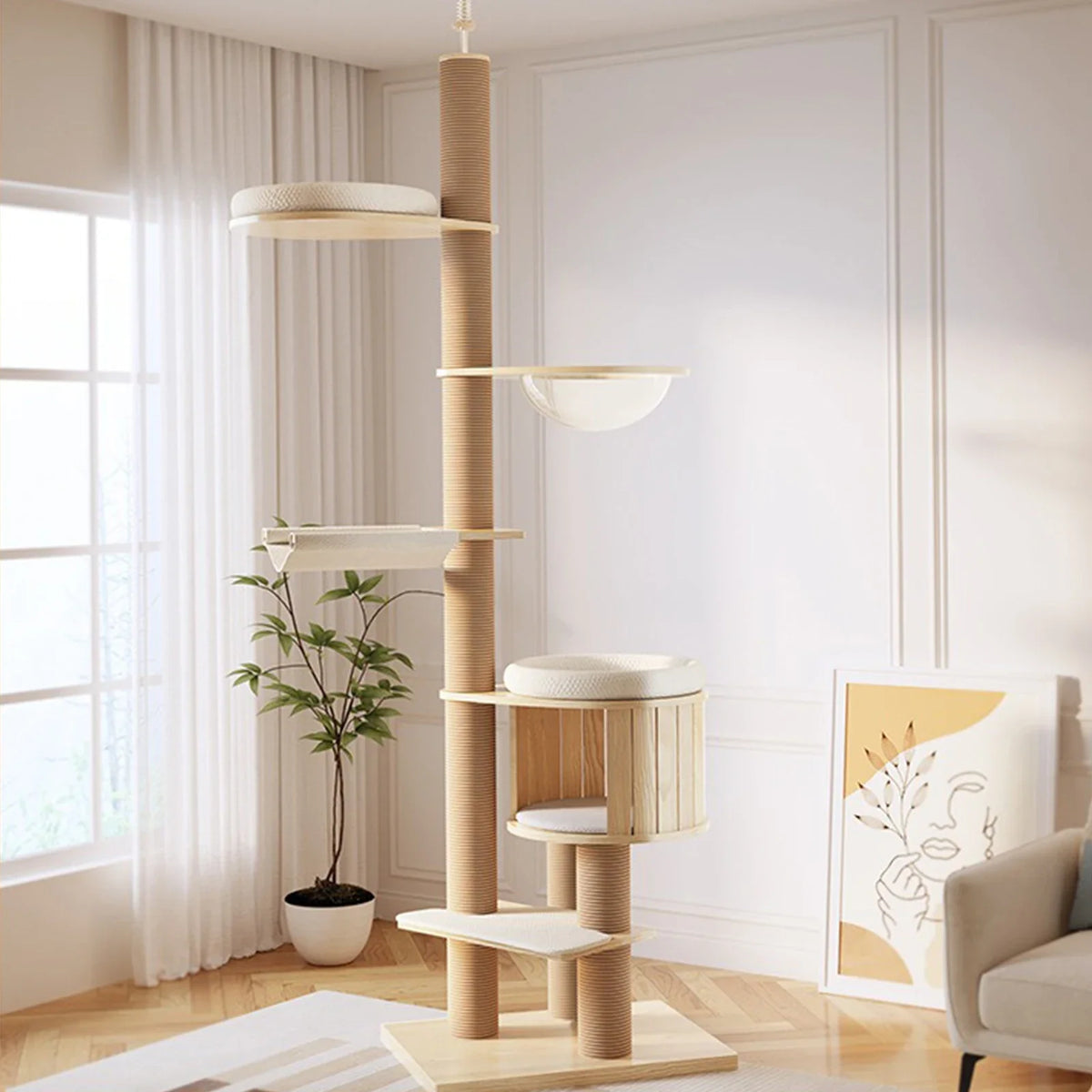 MC THE BLACK DIAMOND YXT Cat Tree with Cat Nest and Perch, multi-level tower for cats, floor-to-ceiling scratching post and climbing tower.