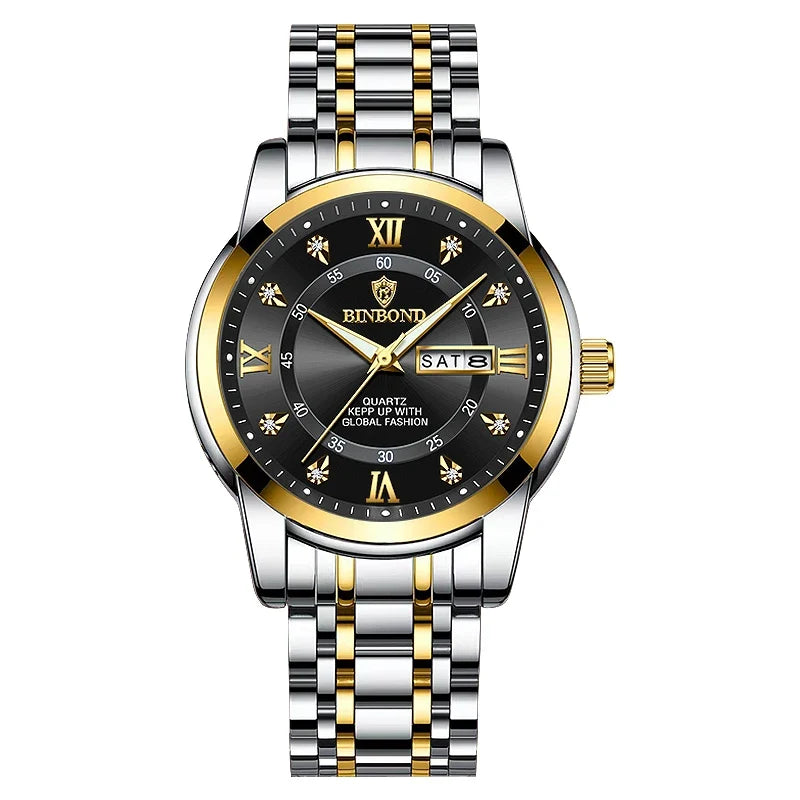 Luxury MC The Black Diamond diver watch for men, 30ATM waterproof sport watch with date display, featuring a sleek black dial and metal band.