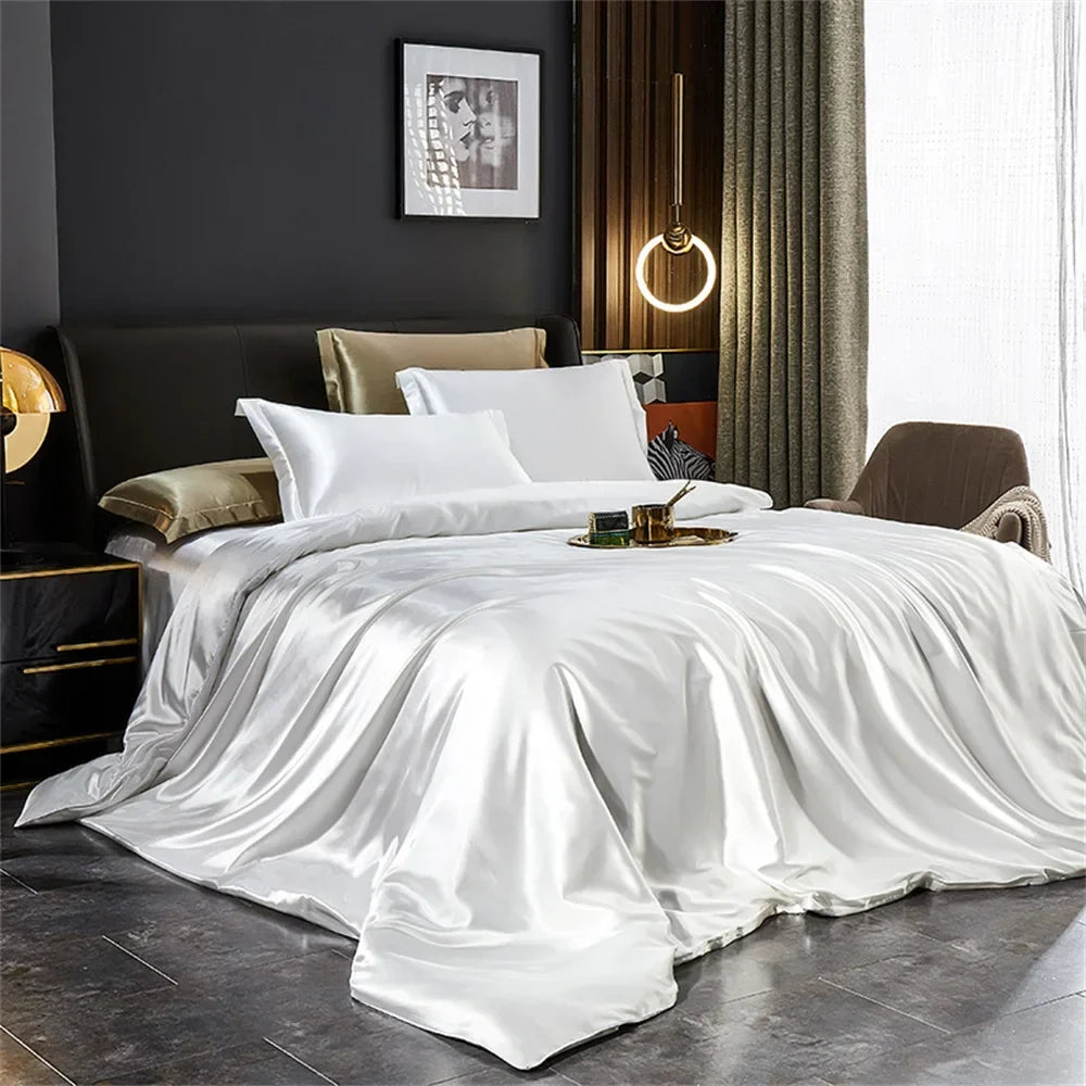 Luxury MC THE BLACK DIAMOND solid silk bedding set with duvet cover, sheets, and pillowcases in satin for single, double, king, or queen beds