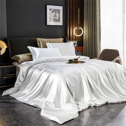 Luxury MC THE BLACK DIAMOND solid silk bedding set with duvet cover, sheets, and pillowcases in satin for single, double, king, or queen beds