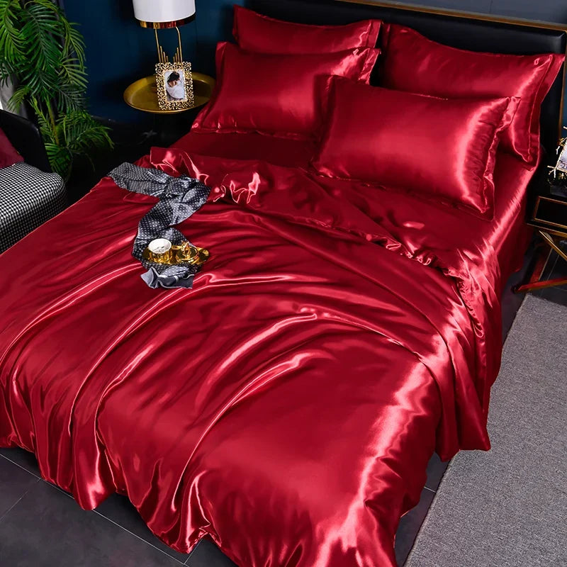 Luxury Mulberry satin bedding set with soft silky duvet cover and sheets, featuring elegant high-end design and skin-friendly fabric.