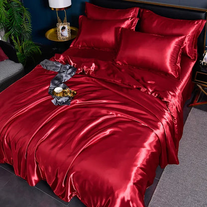 Luxury Mulberry satin bedding set with soft silky duvet cover and sheets, featuring elegant high-end design and skin-friendly fabric.