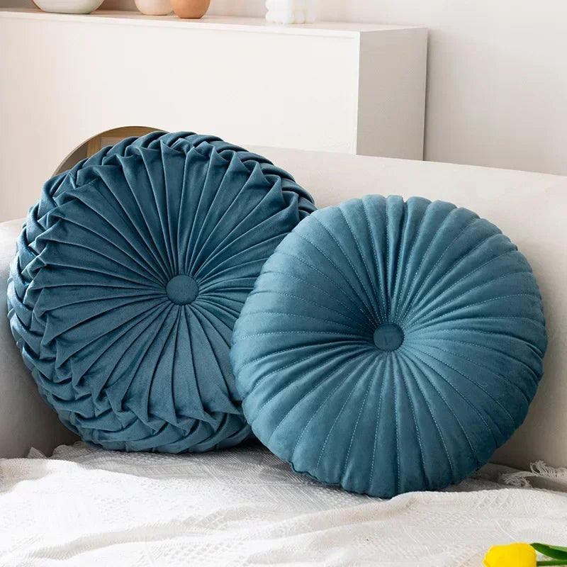 Pink round pumpkin pillow by MC THE BLACK DIAMOND, soft seat cushion with waist support, ideal for sofa and living room decor.
