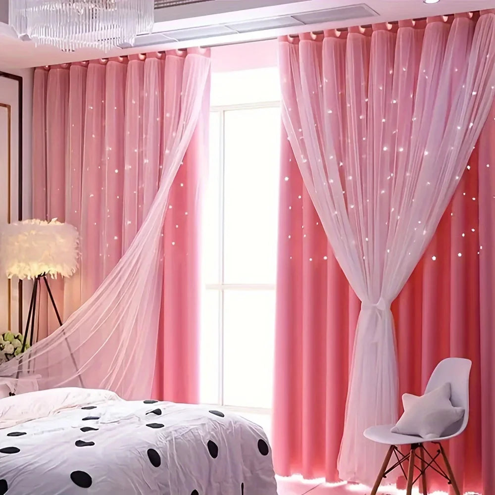 Blue double-layer princess curtains with 2 panels, featuring elegant fabric and decorative design from MC THE BLACK DIAMOND.