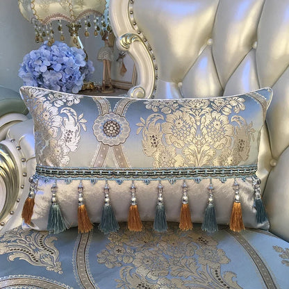 European luxury Jacquard tassel lace sofa pillow cover featuring decorative rectangular cushion with intricate patterns and large backrest design.