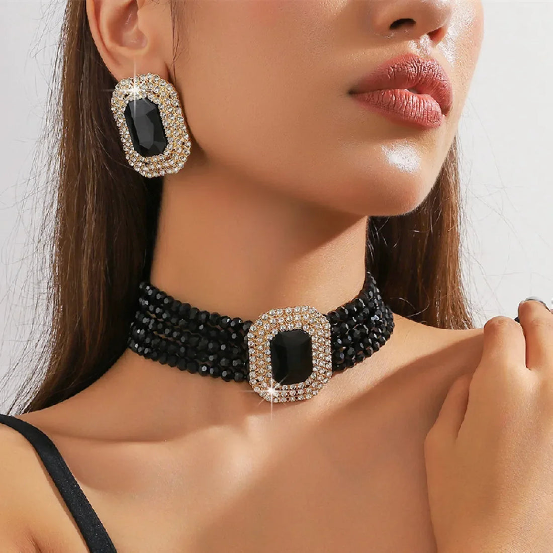 MC THE BLACK DIAMOND jewelry set with multilayer champagne red white black crystal necklace and geometric square earrings for women.