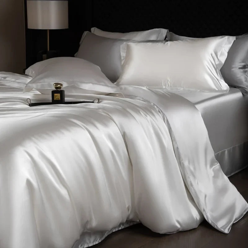 Luxury silk bedding set with duvet cover, fitted sheet, flat sheet, and pillowcases in king and queen sizes, by 𝕄𝕔 𝕋𝕙𝕖 𝔹𝕝𝕒𝕔𝕜 �