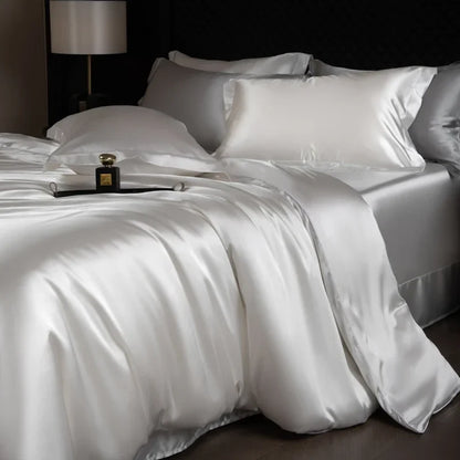 Luxury silk bedding set with duvet cover, fitted sheet, flat sheet, and pillowcases in king and queen sizes, by 𝕄𝕔 𝕋𝕙𝕖 𝔹𝕝𝕒𝕔𝕜 �