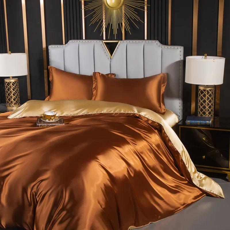 Luxurious solid silk bedding set with duvet cover, fitted sheet, flat sheet, and pillowcases from 𝕄𝕔 𝕋𝕙𝕖 𝔹𝕝𝕒𝕔𝕜 𝔻𝕚