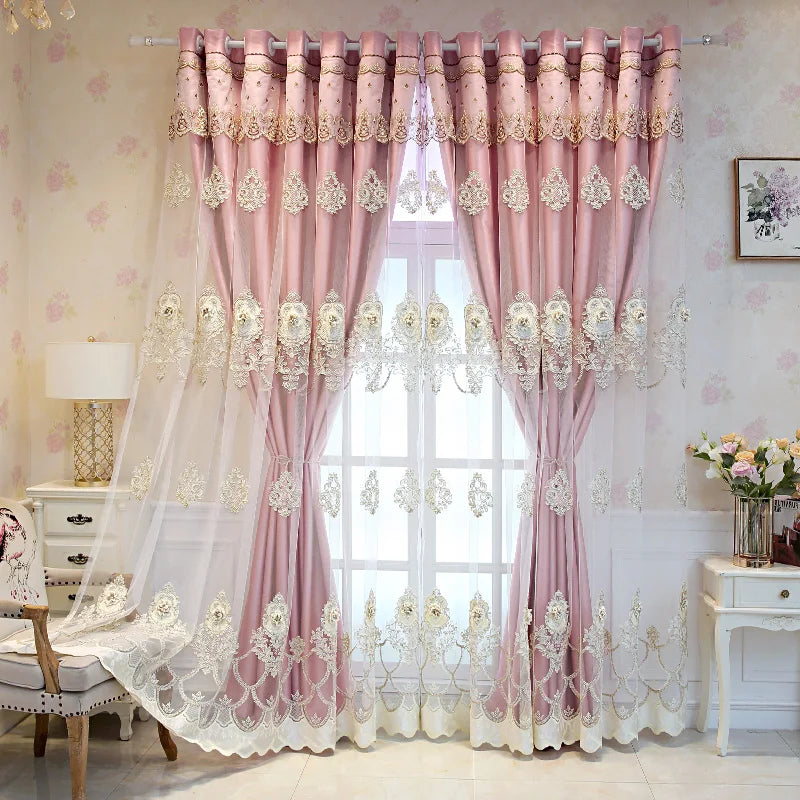 Elegant black double-layer curtains with embossed base and 3D embroidered detailing, perfect for bedroom or living room decor.