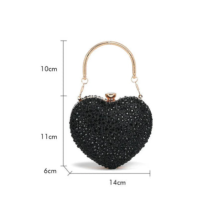 Luxury MC THE BLACK DIAMOND heart-shaped crystal clutch purse with rhinestone embellishments, evening wedding party shoulder handbag.