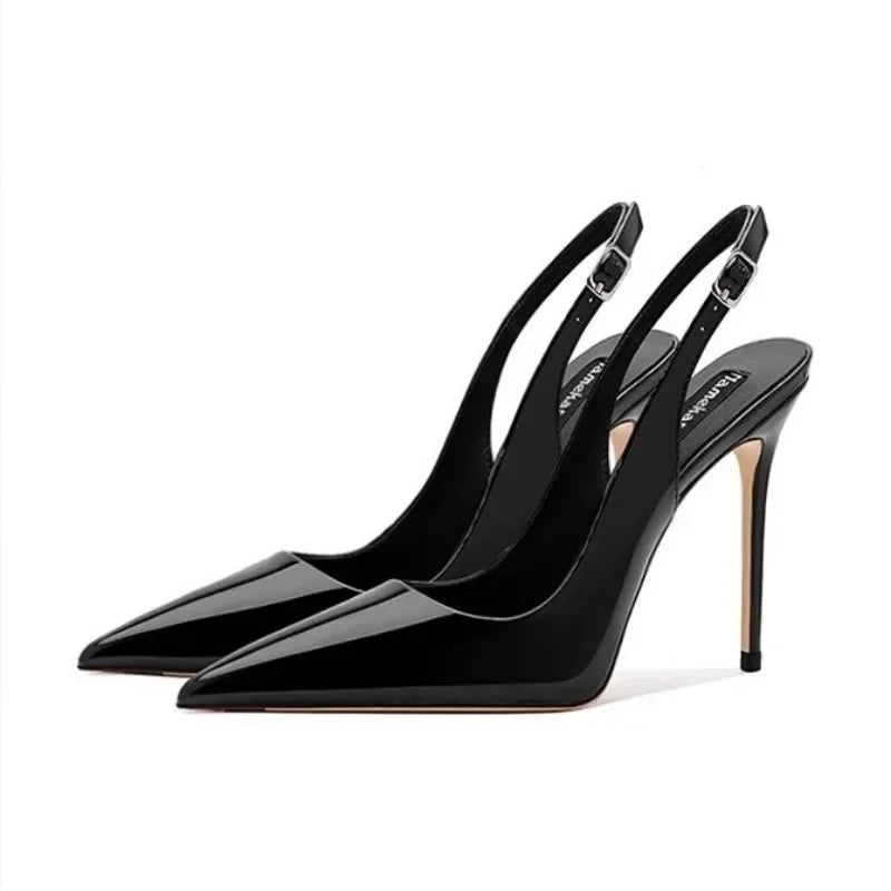 Elegant black patent leather heel sandals with pointed tips and strappy design by MC THE BLACK DIAMOND, perfect for summer parties.