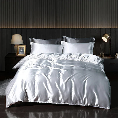 Luxury satin bedding set with fitted sheet and duvet cover from MC THE BLACK DIAMOND, showcasing smooth, elegant home decor.