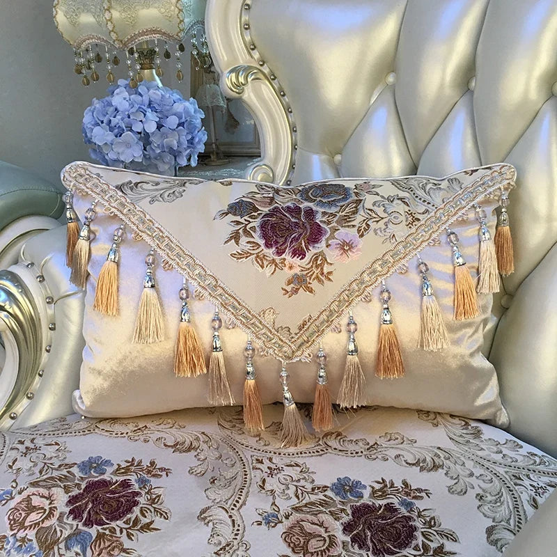 European luxury Jacquard tassel lace sofa cushion cover with decorative rectangular design and large backrest cushion in elegant fabric.