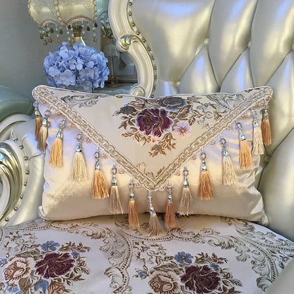 European luxury Jacquard tassel lace sofa cushion cover with decorative rectangular design and large backrest cushion in elegant fabric.