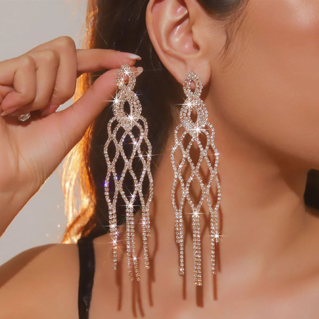 MC THE BLACK DIAMOND long tassel rhinestone drop earrings with geometric crystal design, perfect for parties and weddings