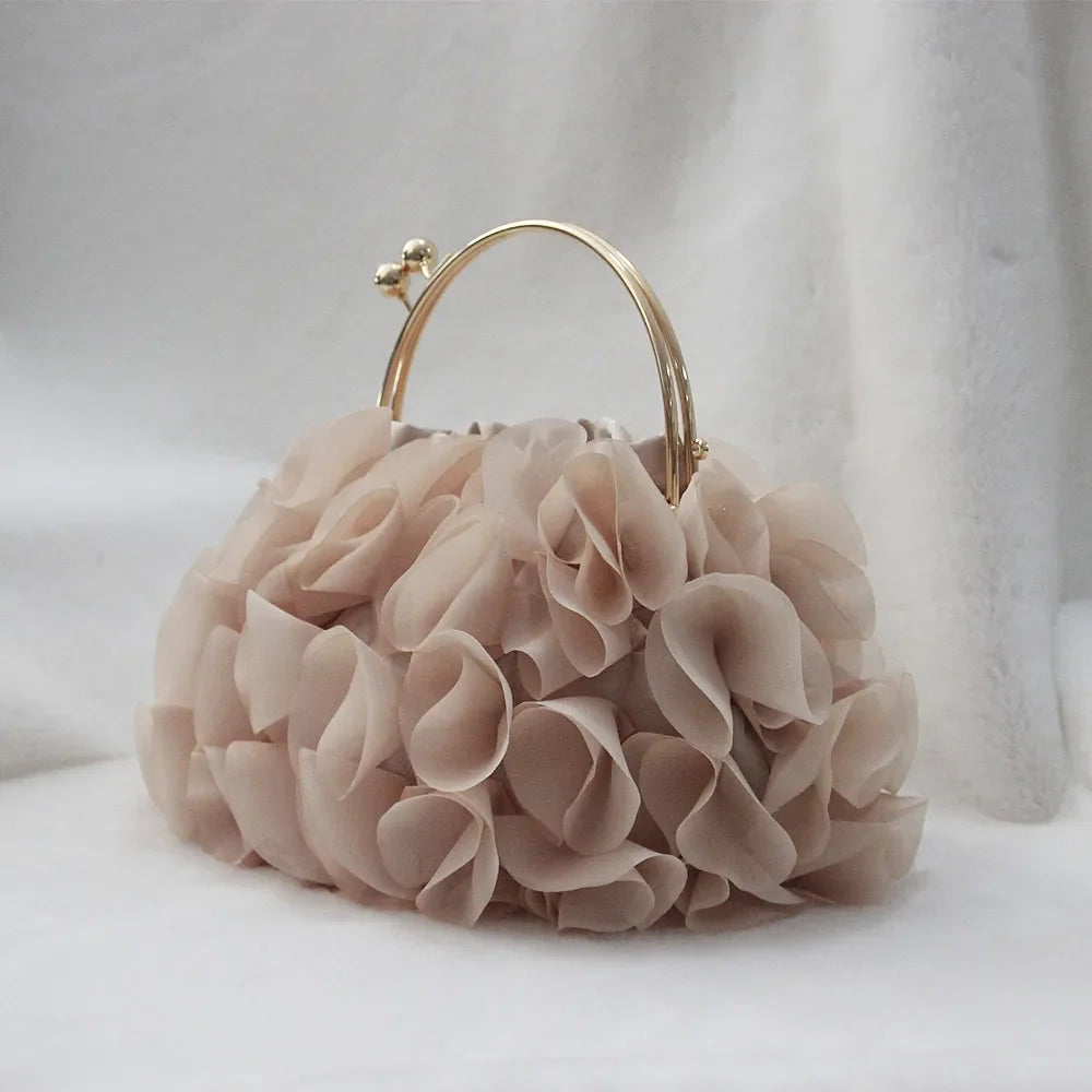 Luxury satin floral bride clutch bag by MC THE BLACK DIAMOND, featuring elegant design, small size, evening wear, and shoulder chain strap.