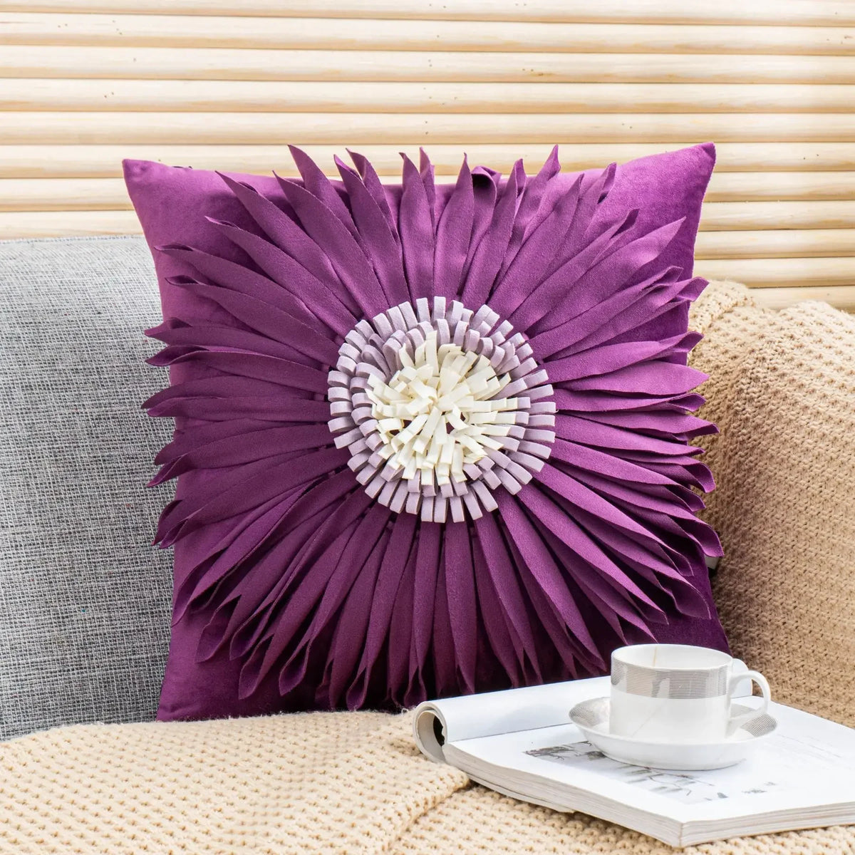 Pink and white velvet throw pillow with 3D chrysanthemum stitching, 45x45cm, featuring modern home decor style from MC THE BLACK DIAMOND.