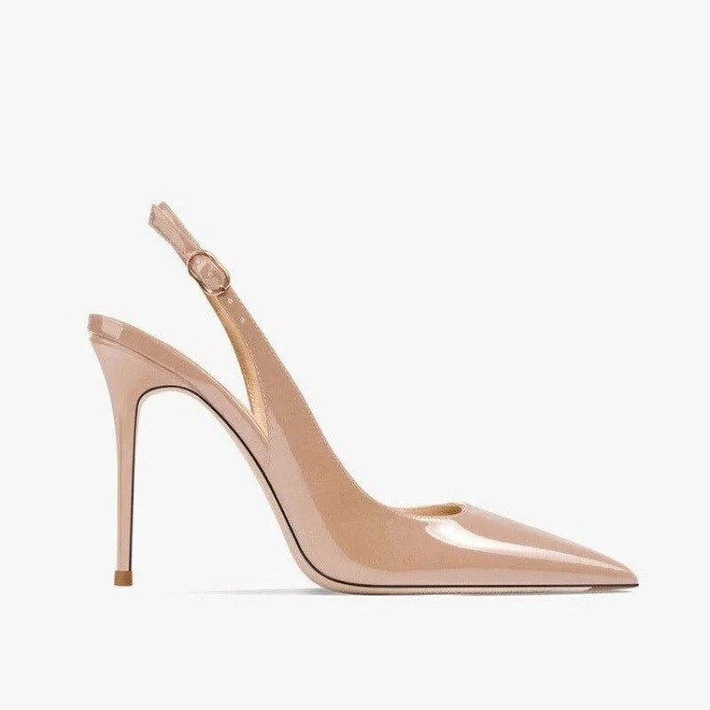 Elegant black patent leather heel sandals with pointed tips and multiple straps, perfect for summer parties by MC THE BLACK DIAMOND.