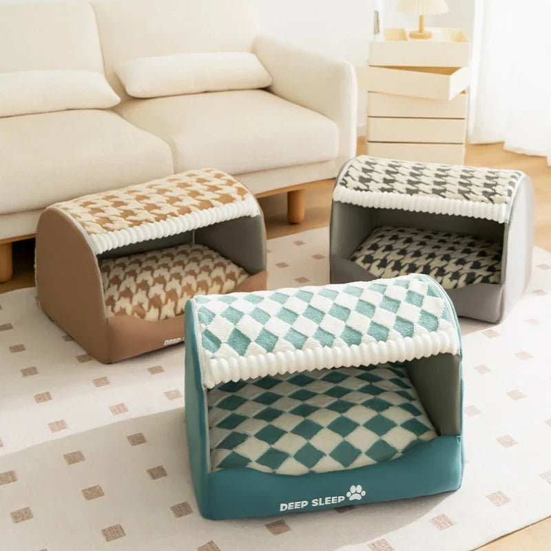 MC THE BLACK DIAMOND winter dog kennel nest with washable, deep sleep bed mat for medium to large dogs in a cozy indoor setting.