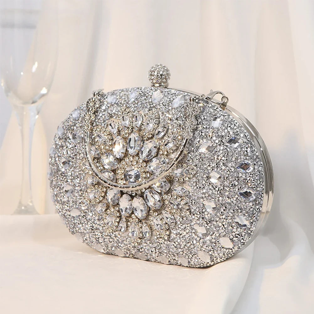 Luxury black diamond clutch evening bag with elegant satin scarf detail, designed for women by MC THE BLACK DIAMOND.