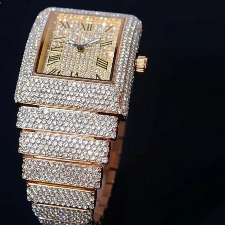Luxury Gold Ice Watch by MC THE BLACK DIAMOND featuring a diamond-encrusted rectangle quartz design for men.