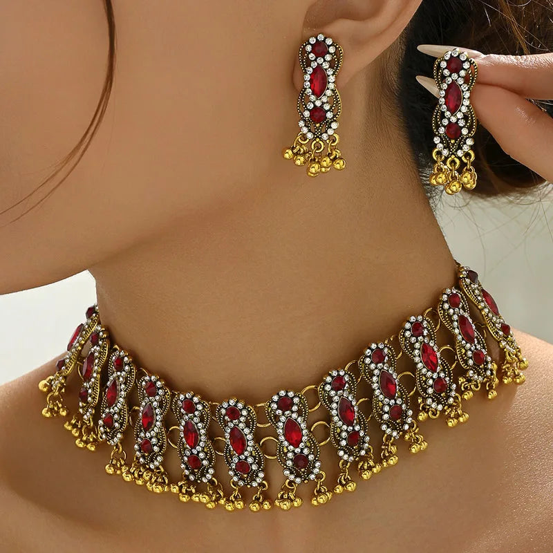 Colorful crystal stone necklace and earrings set with vintage ethnic inlay by MC THE BLACK DIAMOND, perfect for daily or party wear.