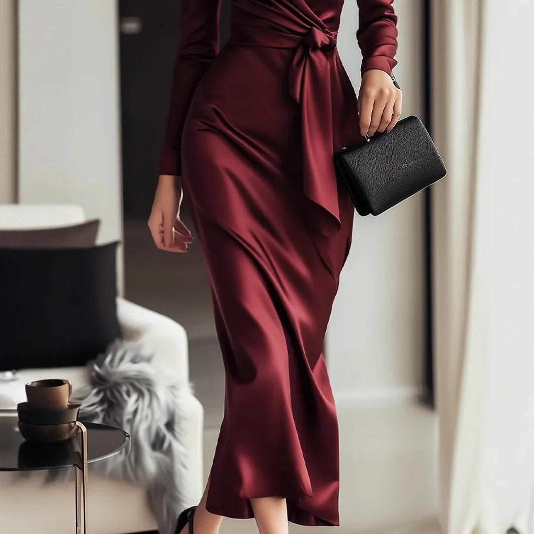Long sleeve V-neck gown with waist belt, ankle-length dress from 𝕄𝕔 𝕋𝕙𝕖 𝔹𝕝𝕒𝕔𝕜 𝔻𝕚𝕒𝕞�