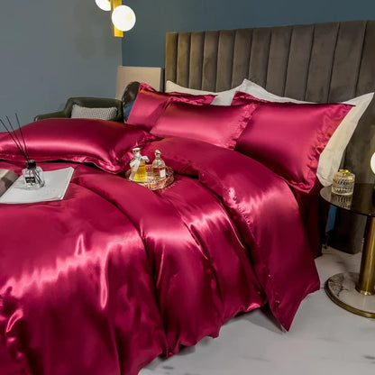 Luxury solid silk bedding set with duvet cover, bedsheet, and rayon satin pillowcases from 𝕄𝕔 𝕋𝕙𝕖 𝔹𝕝𝕒𝕔𝕜 𝔻𝕚�