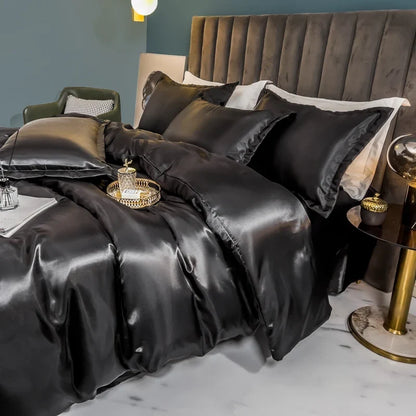 Luxurious silk bedsheets set with duvet cover, pillowcases, and bedsheet from 𝕄𝕔 𝕋𝕙𝕖 𝔹𝕝𝕒𝕔𝕜 𝔻𝕚𝕒