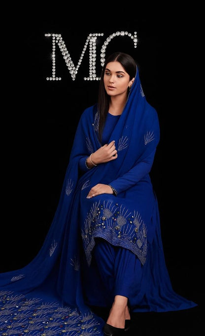 Luxury blue rhinestone chiffon fabric by MC THE BLACK DIAMOND, 4 meters of elegant, lightweight chiffon with shimmering rhinestones.