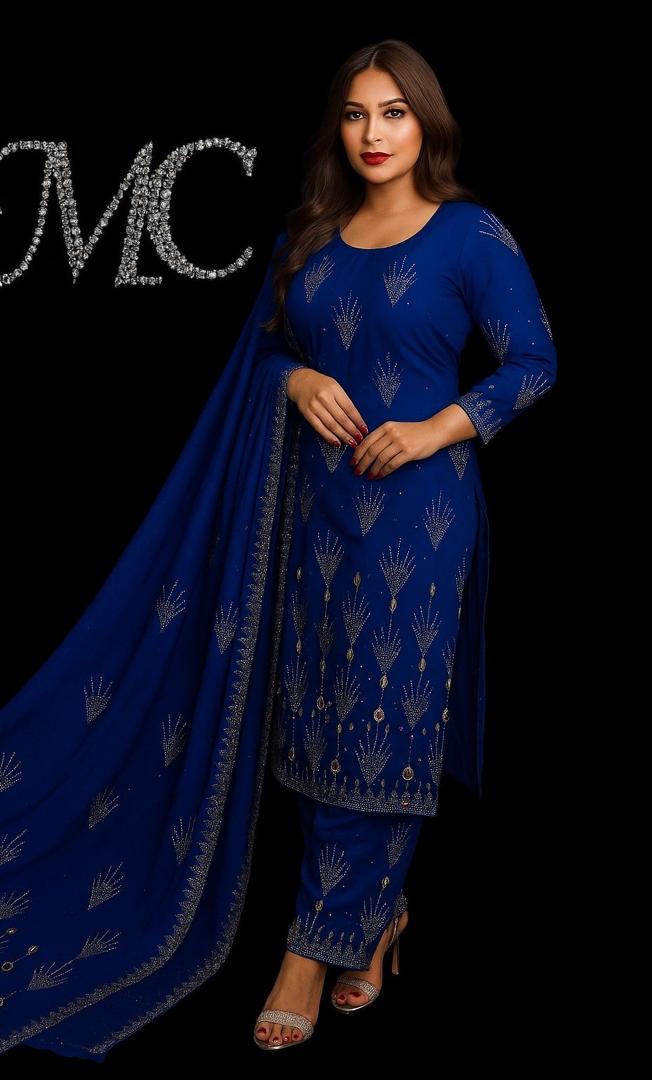 Luxury blue rhinestone chiffon fabric by MC THE BLACK DIAMOND, 4-meter length, showcasing shimmering rhinestones on soft chiffon material.