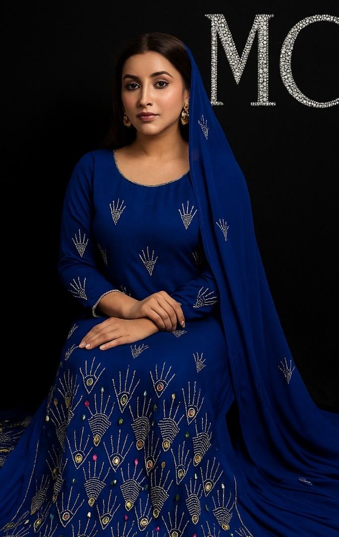 Luxury blue rhinestone chiffon fabric, 4-meter length, by MC THE BLACK DIAMOND, showcasing shimmering rhinestones on soft chiffon material.