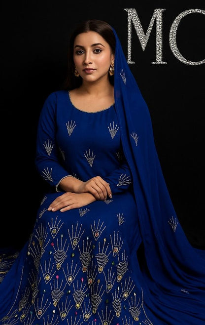 Luxury blue rhinestone chiffon fabric, 4-meter length, by MC THE BLACK DIAMOND, showcasing shimmering rhinestones on soft chiffon material.