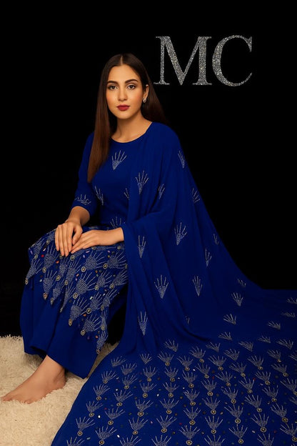 Blue rhinestone luxury chiffon fabric by MC THE BLACK DIAMOND, 4-meter length, soft and lightweight with sparkling embellishments.