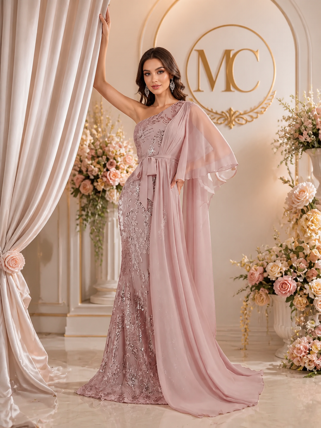 Elegant MC THE BLACK DIAMOND sequin long maxi gown dress with intricate detailing, perfect for formal occasions.