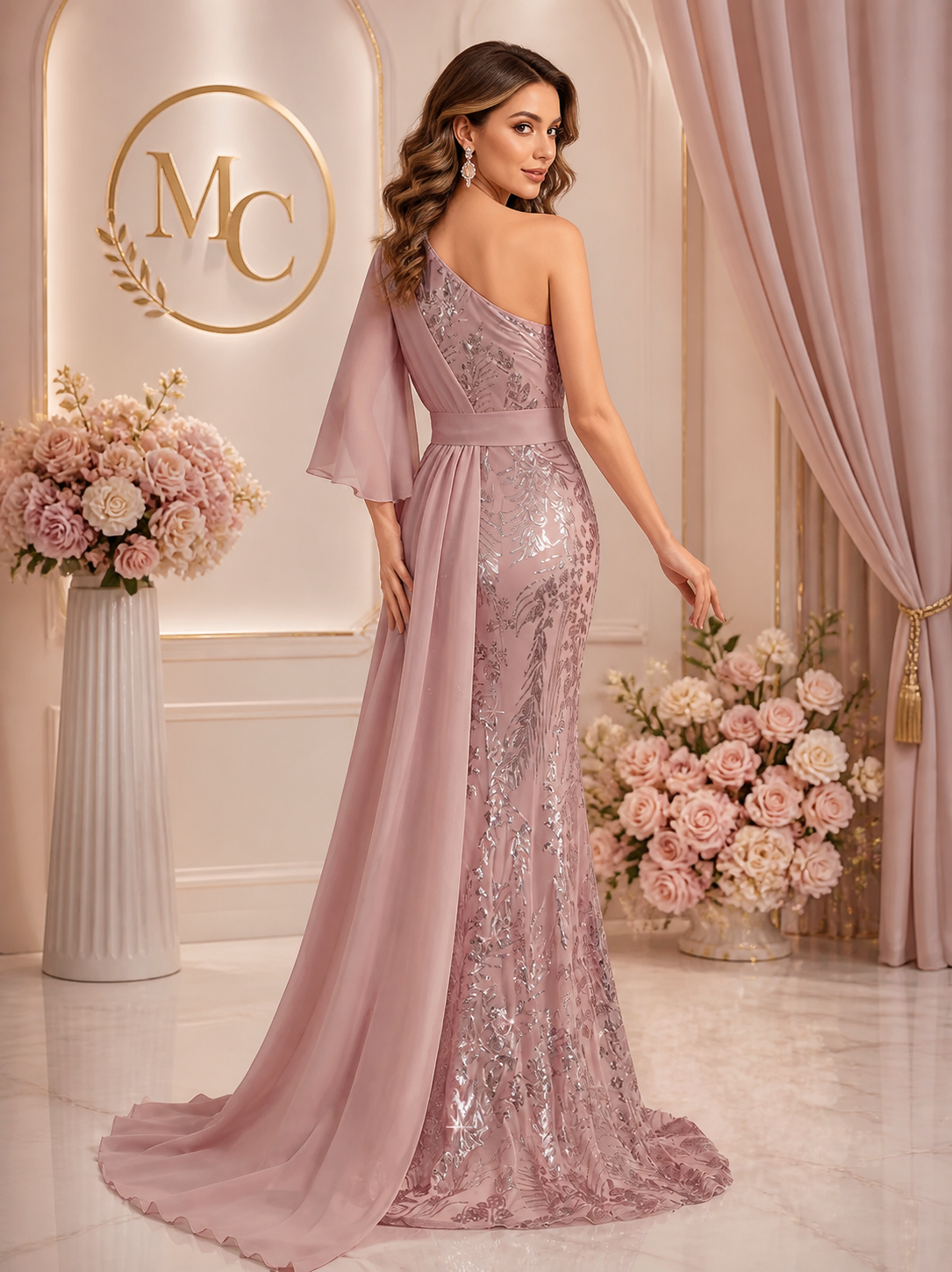 Elegant MC THE BLACK DIAMOND sequin long maxi gown with intricate detailing, perfect for formal occasions and evening events.