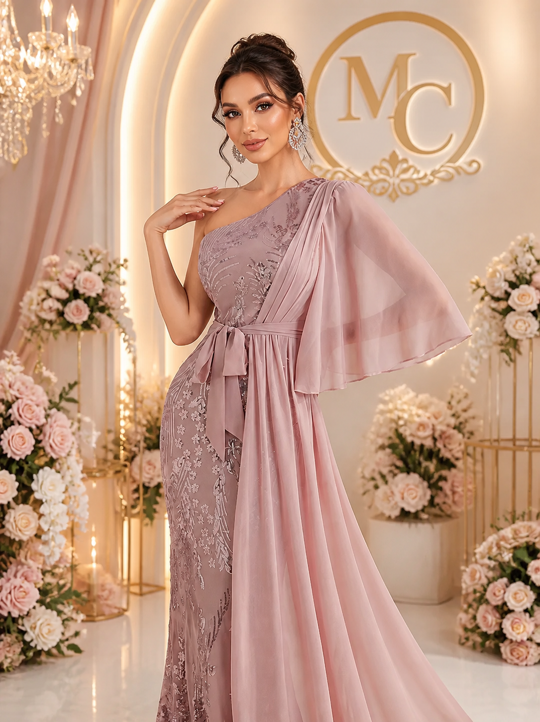 Elegant MC THE BLACK DIAMOND sequin long maxi gown dress with luxurious detailing, perfect for formal occasions.