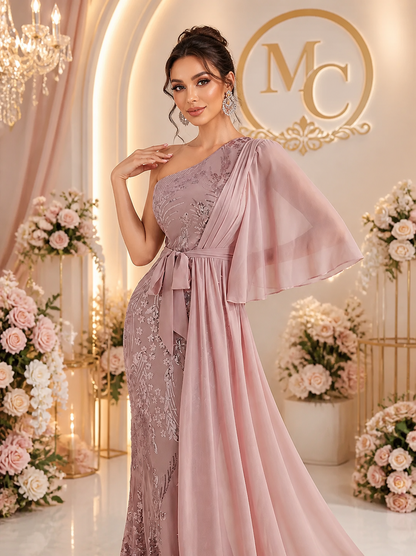 Elegant MC THE BLACK DIAMOND sequin long maxi gown dress with luxurious detailing, perfect for formal occasions.
