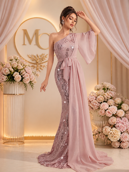 Elegant MC THE BLACK DIAMOND sequin long maxi gown dress with a luxurious, shimmering design and flowing silhouette.