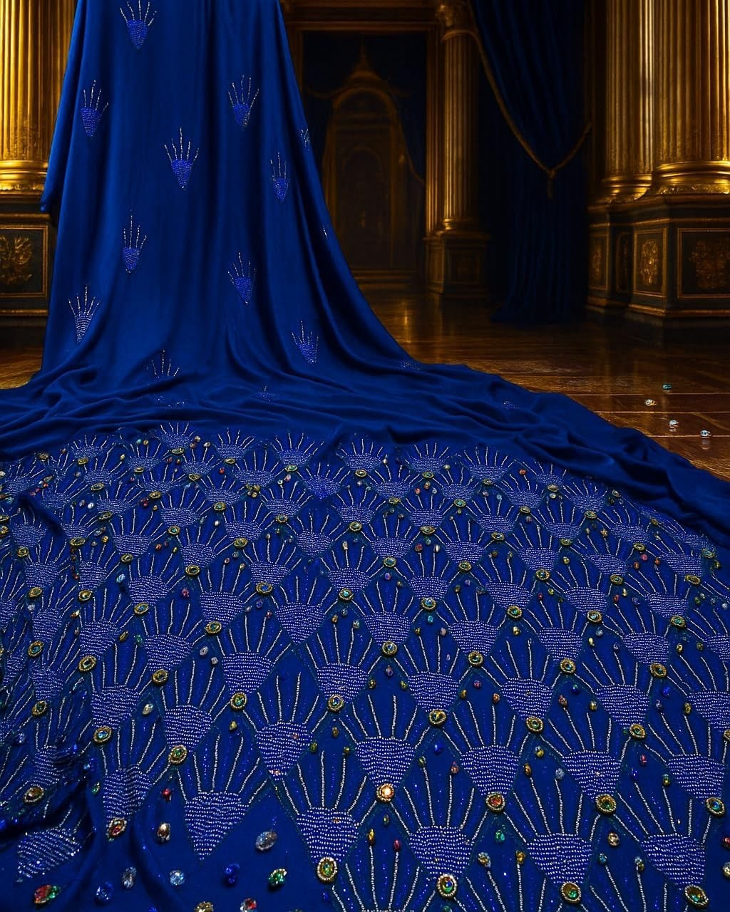 Luxury blue rhinestone chiffon fabric by MC THE BLACK DIAMOND, 4-meter length, perfect for wedding drapes or dressmaking.