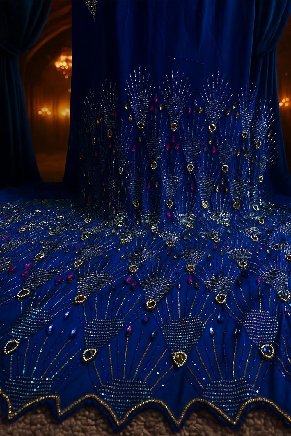 Luxury blue rhinestone chiffon fabric by MC THE BLACK DIAMOND, 4 meters wide, ideal for wedding drapes or dressmaking.